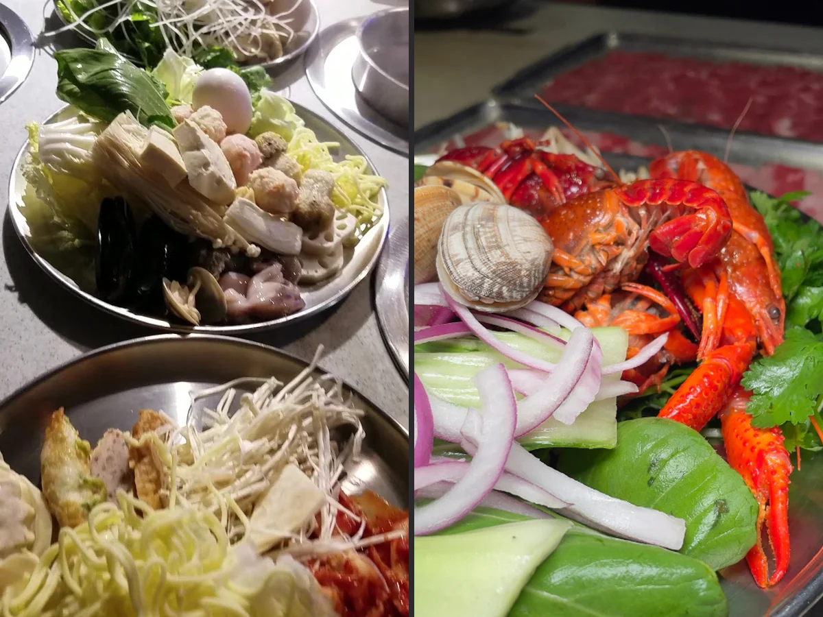 Salad bar and seating in a casual dining room