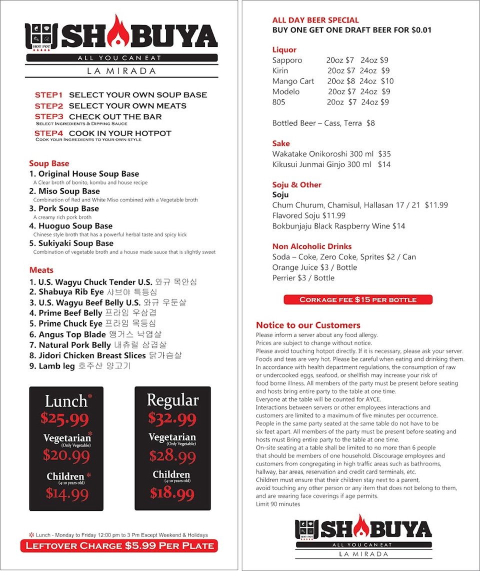 Menu page with shabu-shabu categories